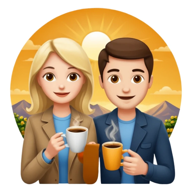 Man and a woman sitting in the sun with coffee sticker