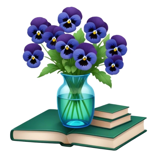 Aesthetically arranged books in dark green and next to them a bouquet of blue pansies in a light green glass vase sticker