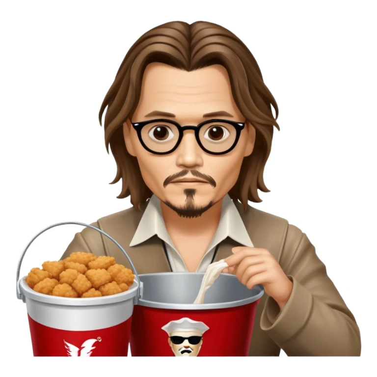Johnny Depp sitting in a KFC bucket, long hair, goatee sticker