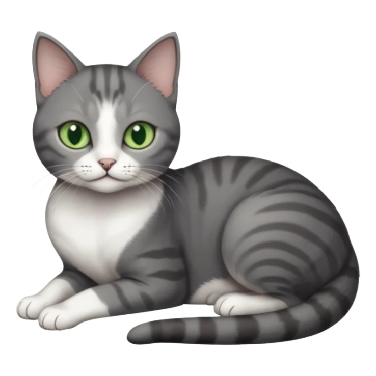 full body tiny short hair dark grey and white cat with white front legs and green  eyes lying down sticker