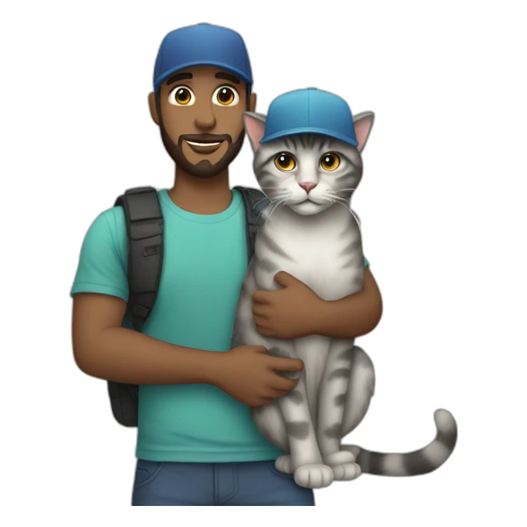 a white man with a short beard and a snapback hat holding a big grey cat sticker