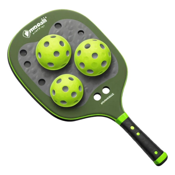 Modern Pickleball paddle, dark grey. Pickleball ball beside or on top the paddle florescent green at 45 degrees sticker