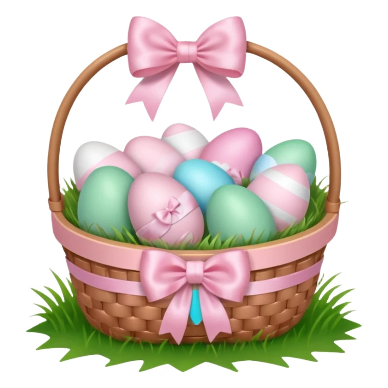 white basket full of light pink easter eggs on grass with a light pink bow sticker