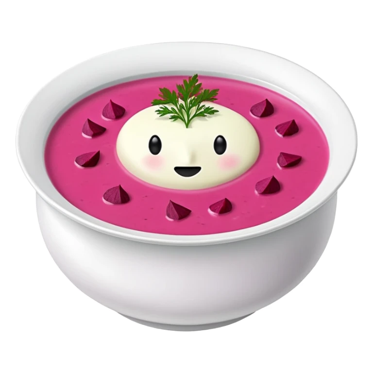 A bowl of pink soup from Lithuania with no face sticker
