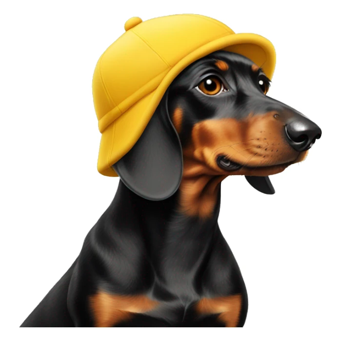 Fully black dachshund wearing yellow cap LA sticker