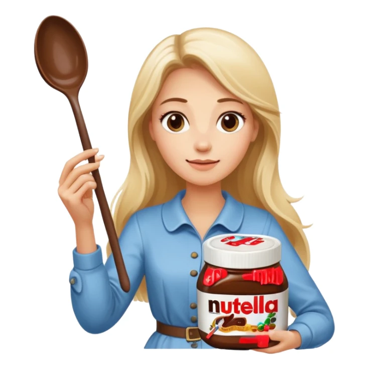 Nutella with a spoon. The glas of Nutella is almost empty . Next to the Nutella is the head of a blond woman who is looking forward to eat the Nutella. The hair of the woman needs to be longer. She is holding a big carriage of Nutella in her right hand and a oversized spoon in the other  sticker
