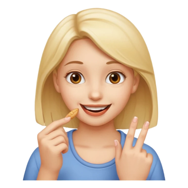 a girl smiling and eating her finger sticker