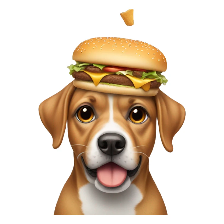 Dog eating hamburger wearing a funny hat sticker
