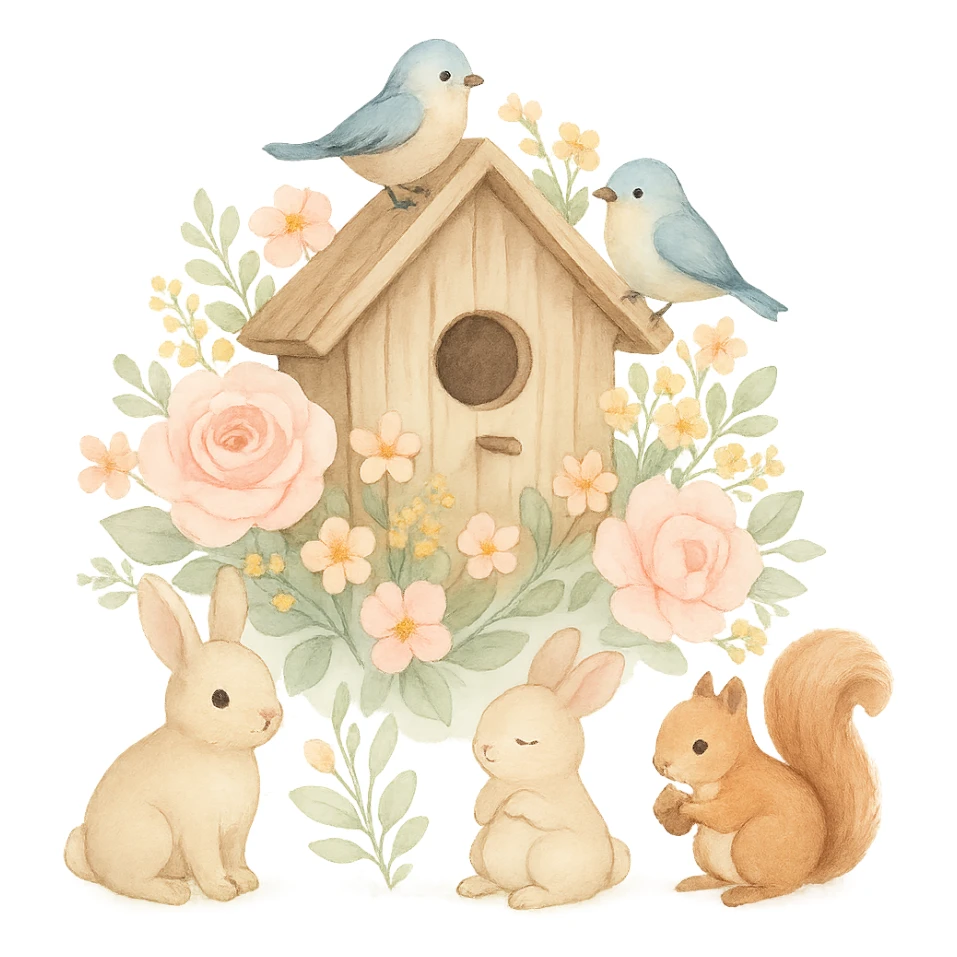 birdhouse with flowers and forest creatures including bunnies, birds, and squirrels, cozy pastel design with soft pastel colors, transparent background sticker