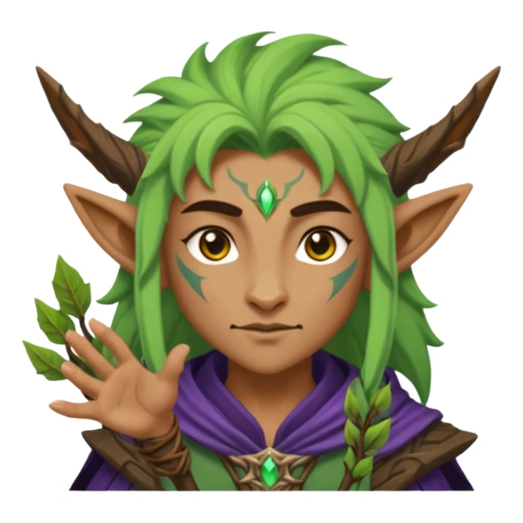 night elf druid, simplified and bold, clear facial expression, with animal features or nature magic, fun and readable at small size, sized and composed for Twitch emoji, no text sticker