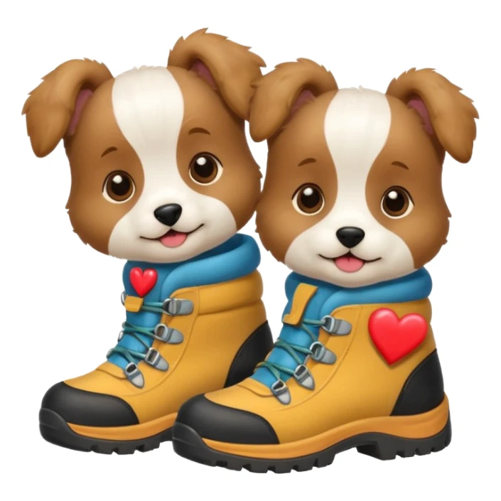 2 puppies with hiking boots on and a heart  sticker