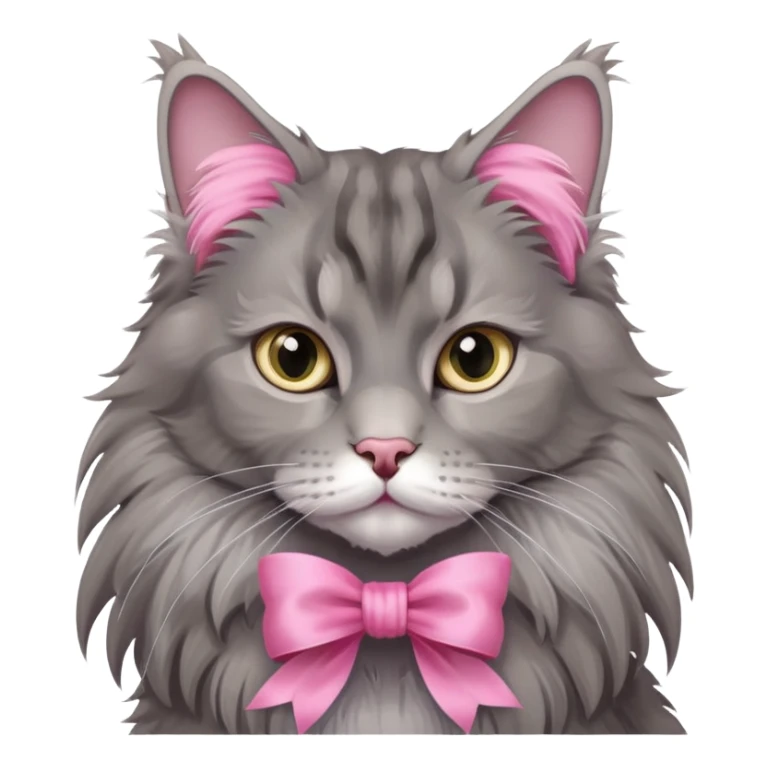 A grey Maine coon Neck Wearing a pink silk ribbon sticker