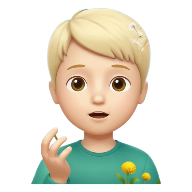 A 3D cartoon child blowing on a dandelion, seeds flying in the air, sunny garden background, realistic Memoji-style. sticker