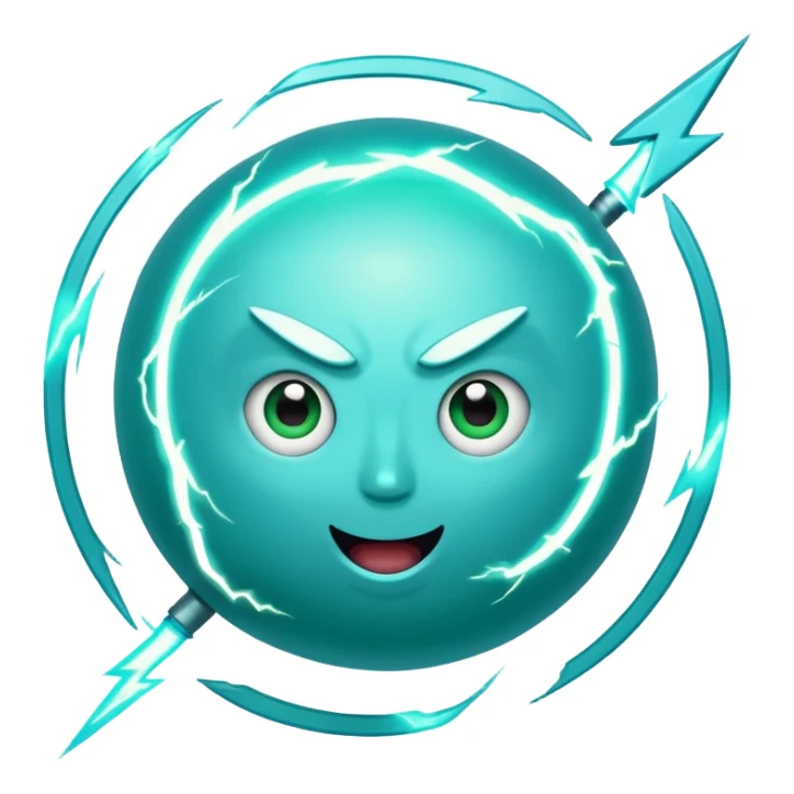 Uranus planet emoji in Apple-style, blue-green with dynamic rings, large fun excited expressive face, big clearly visible lightning bolt, symbolizing chaotic unexpected energy sticker
