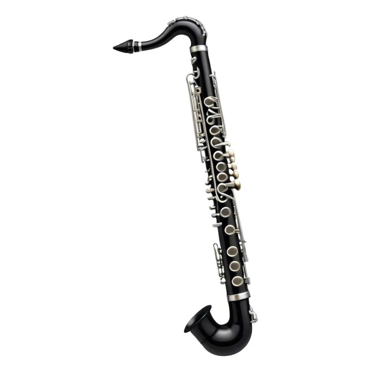 Create a sleek and professional emoji representing a black standard clarinet. The design should feature the smooth, black finish of the clarinet’s body with its shiny metal keys clearly visible. Highlight the mouthpiece with the reed at the top of the instrument. Include subtle details like the metal rings and key pads to emphasize its high-quality construction. Use black and silver tones to capture the classic and refined look of a traditional clarinet. Add soft musical notes around the instrument to evoke its melodic sound. The background should be transparent. sticker