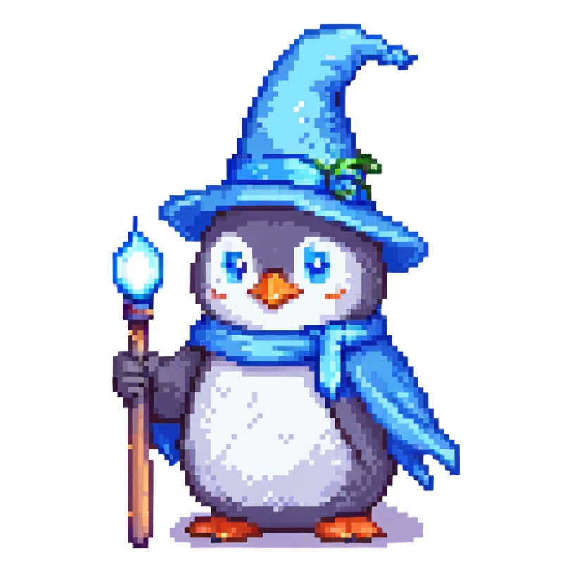 A penguin wizard with a blue hat and a glowing wand, retro video game aesthetic sticker