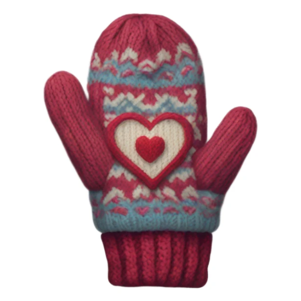 A pair of cozy knitted mittens with a heart design sticker