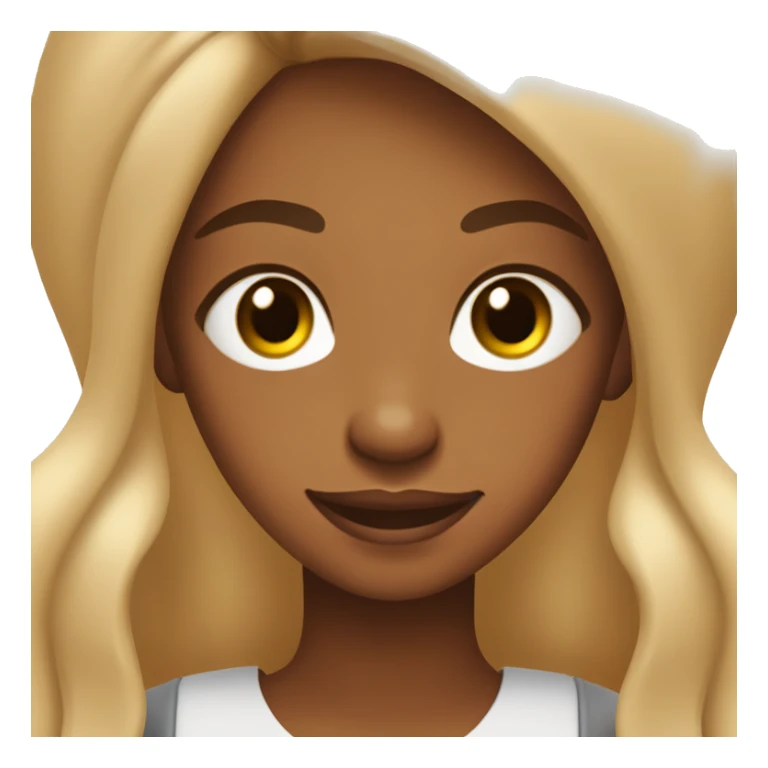 Brown girl with soft blonde locks, eyes a little pulled, happy light brown. With an iPhone 13 pro max cell phone and idea symbols sticker