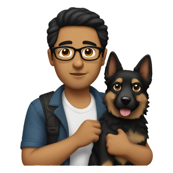 a Mexican man with black hair and glasses holding a German Shepard  sticker
