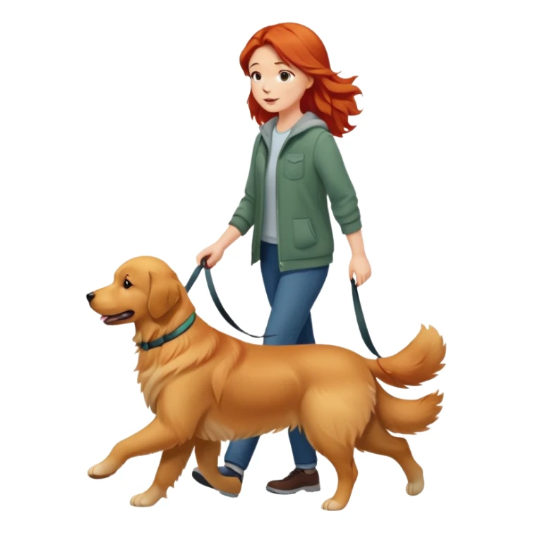 A red short-haired girl walking a golden retriever sticker