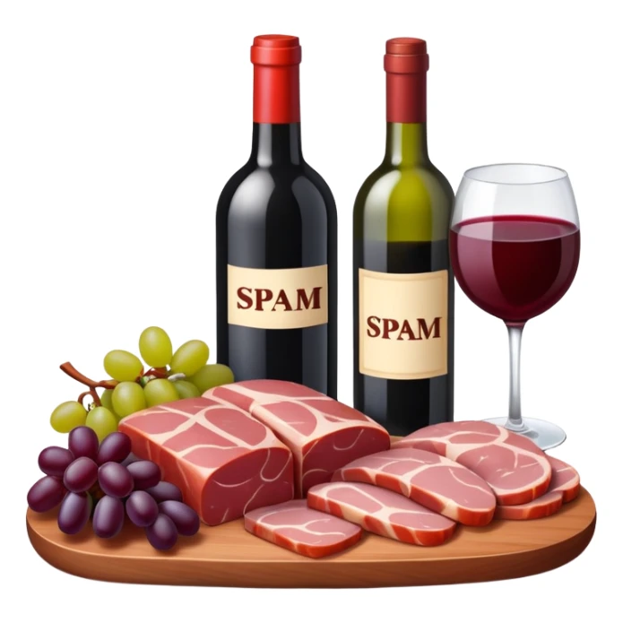 SPAM MEAT charcuterie with fruit and a bottle of wine sticker