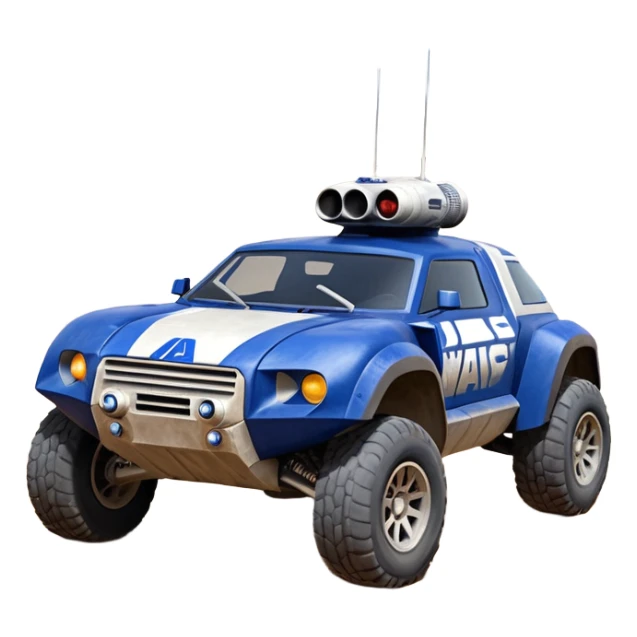 Weathered and well armed Star Wars’s Range trooper’s police evil darkly night blue Dirty and dented Local Motors Rally Fighter off road race car hot rod meets hummer trophy truck-style basher flying down a dusty road catching everything (silver wheels) sticker