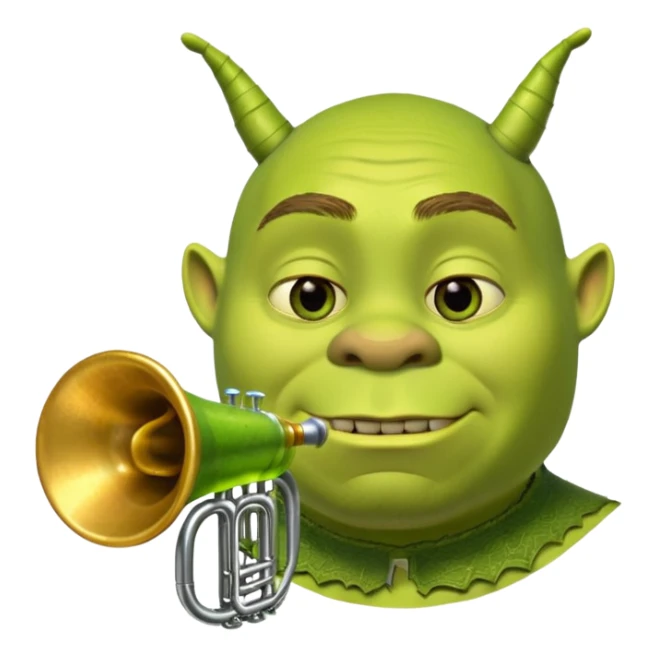 Shrek il a pas d'oreille juste deux tubes cylindriques verts, courts et épais, qui sortent horizontalement des côtés de la tête.
Chaque oreille ressemble à une petite trompette inversée : t en une embouchure circulaire parfaitement ronde à l’extrémité. sticker
