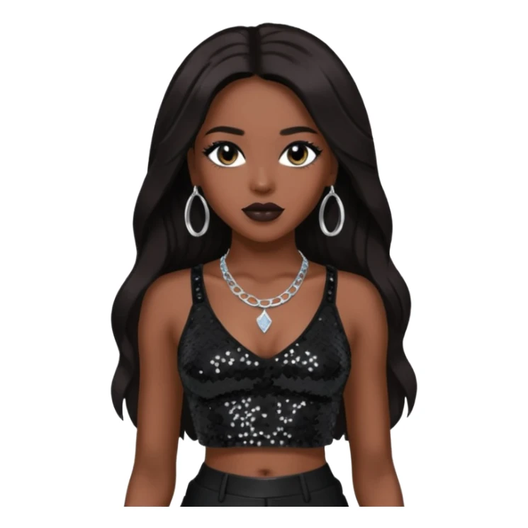 Aaliyah with black sequin crop top and pants, long dark brown hair sticker