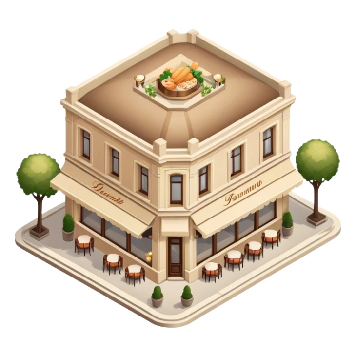 beige parisian romantic restaurant, isometric exterior view sticker