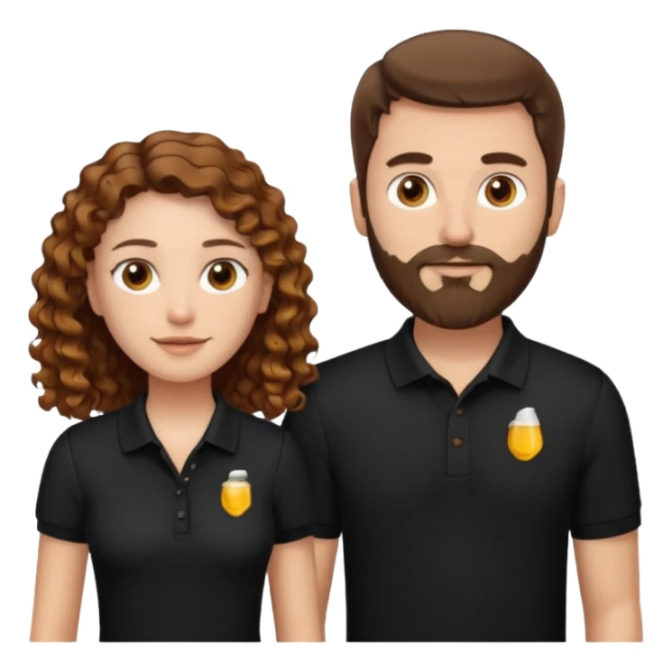 Criar Casal - Homem branco de cabelo liso e olhos marrom, com barba, camiseta polo preta e mulher de pele branca cabelo cacheado marrom longo e olhos mel sticker