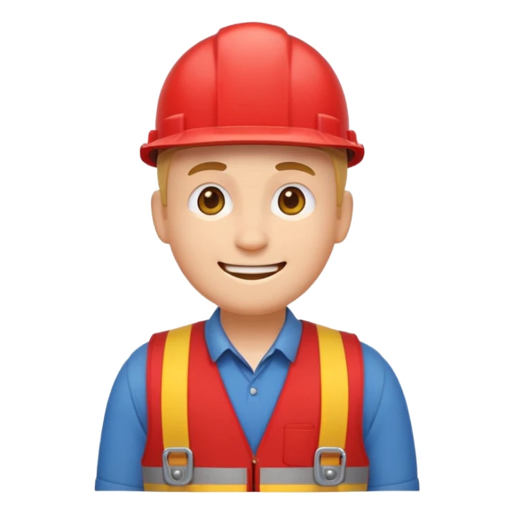 cheerful emoji character with a round head, minimal face, gentle smile, dressed in a red vest, hardware store worker vibe, flat vector emoji style, no text, no logos, front view sticker