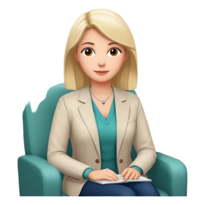 A professional female psychologist, friendly expression, sitting in a therapy office, modern and warm environment, neutral colors, realistic style, white background sticker