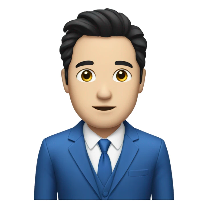 man wear blue suit, black hair, white skin sticker