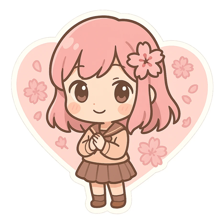 Pink heart-shaped cherry blossom pattern, Q version sticker style sticker