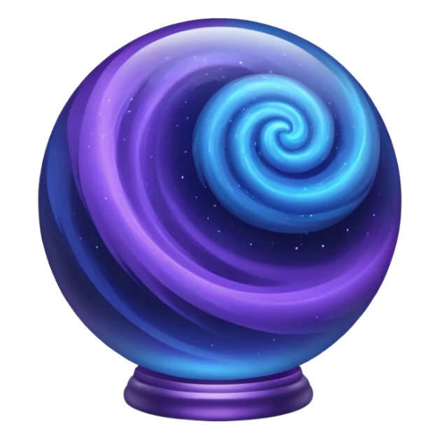 A glass sphere filled with swirling purple and blue dust, glowing softly, 3D. Use muted, calm purples and blues instead of bright neon tones, to create a harmonious and elegant look. sticker