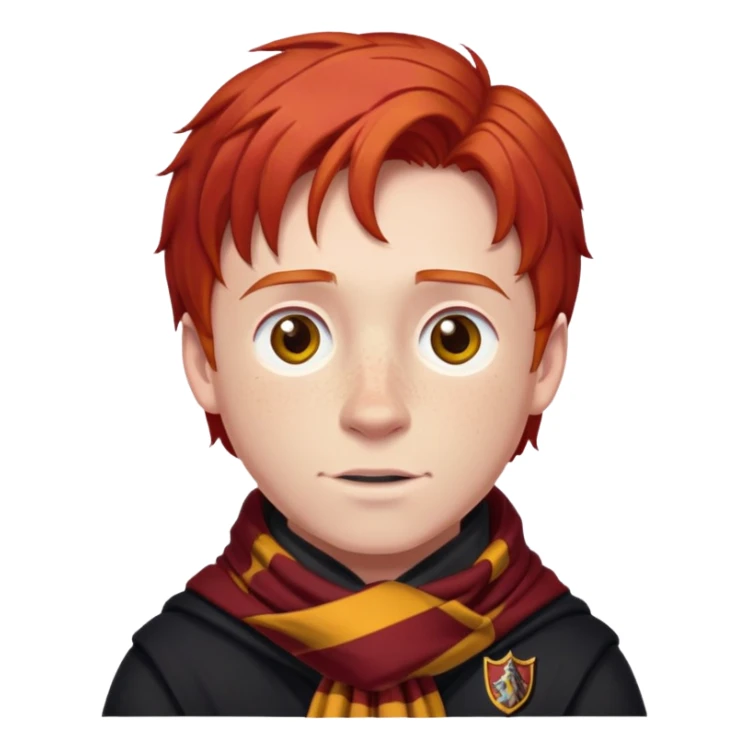 Ron Weasley with red hair, freckles, Gryffindor scarf sticker