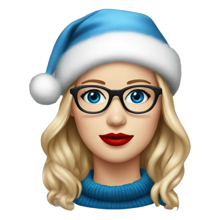 Realistic Jennifer Lawrence,  black glasses, blue eyes with red lipstick and Christmas hat  sticker