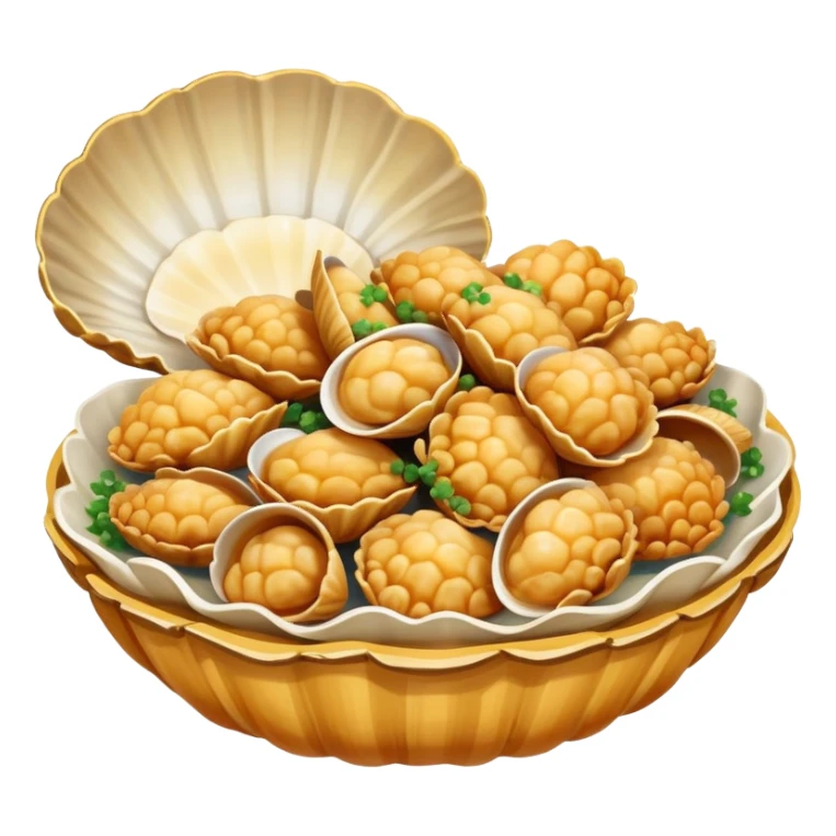 Qingdao fried clams in shell with garlic, simplified emoji style with bold outlines and bright colors, cartoon style Shandong seafood specialty sticker