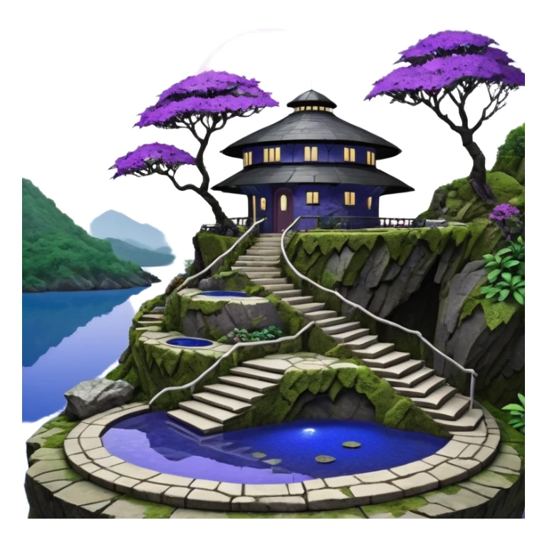Crashed Alien saucer pool-house jungle winding staircase lakeside mountainside-island getaway haunted nighttime landscape antique mudman very old broken cracked intricate Stone Age lapis-crusted irregular dodecagon-shaped shallow dark moss rough bark violet serissa flowered maple tree bonsai sticker
