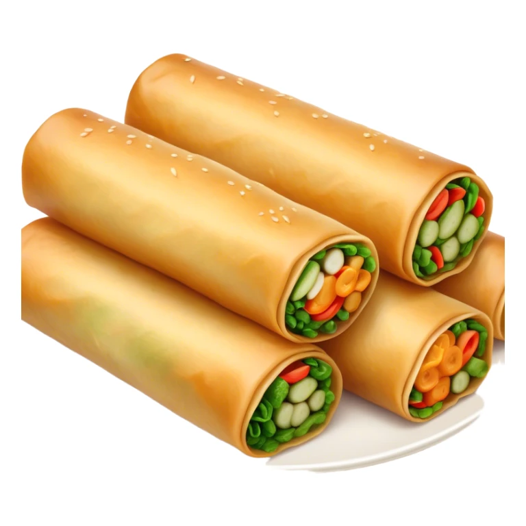 Cinematic Realistic Spring Rolls Dish Emoji, featuring golden, crispy rolls filled with fresh vegetables rendered with detailed textures and warm natural lighting. sticker
