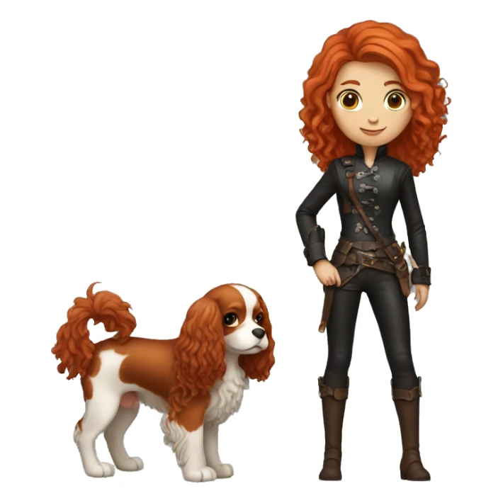 red-haired girl in leather holding a Cavalier sticker