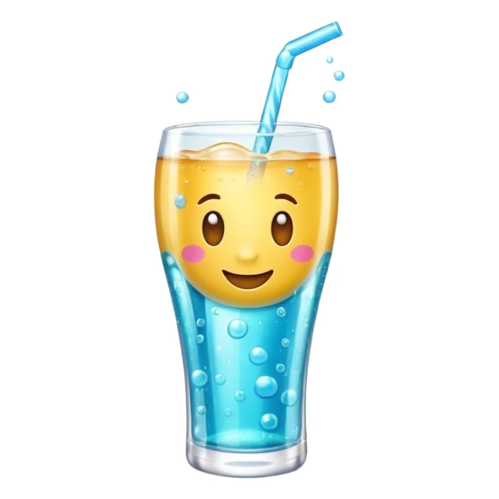 3D iPhone style emoji of bubbly soda pop, fizzy bubbles rising, translucent sparkling liquid, isolated on white background, soft shadows, high detail, playful and cute. sticker