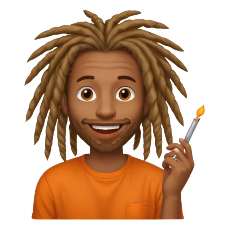 Brownskin man with long dreadlocks orange shirtblunt in mouth sticker