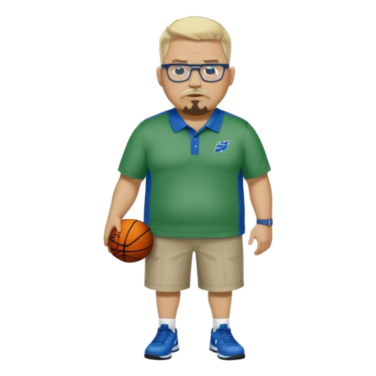 Full Body white male plus size wearing glasses with a goatee with light blonde and gray very short hair mad basketball head Coach in blue and green wearing Nike polo sticker