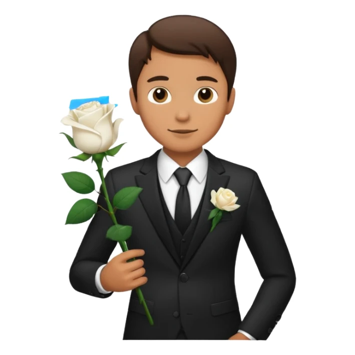 A man in a formal suit holding a white rose sticker