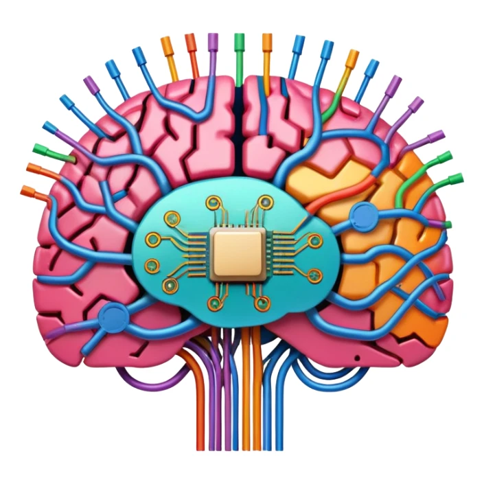 A digital brain with CPU circuitry and colorful neural connections sticker