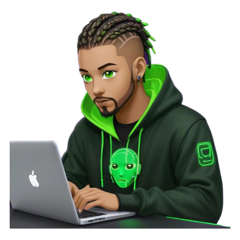 Light skinned African American male with green eyes as a cyberpunk hacker with cornrows hairstyle but short cornrows  with goatee facial hair  coding on laptop  sticker
