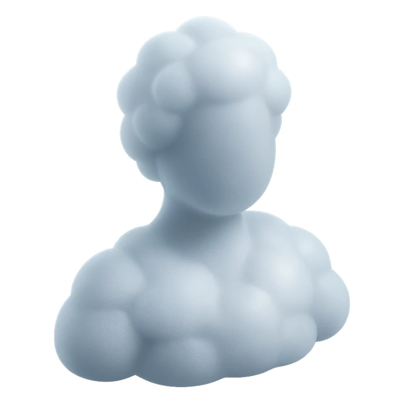 person made entirely of white fluffy convex clouds, shoulder up, front view, matte glass style sticker