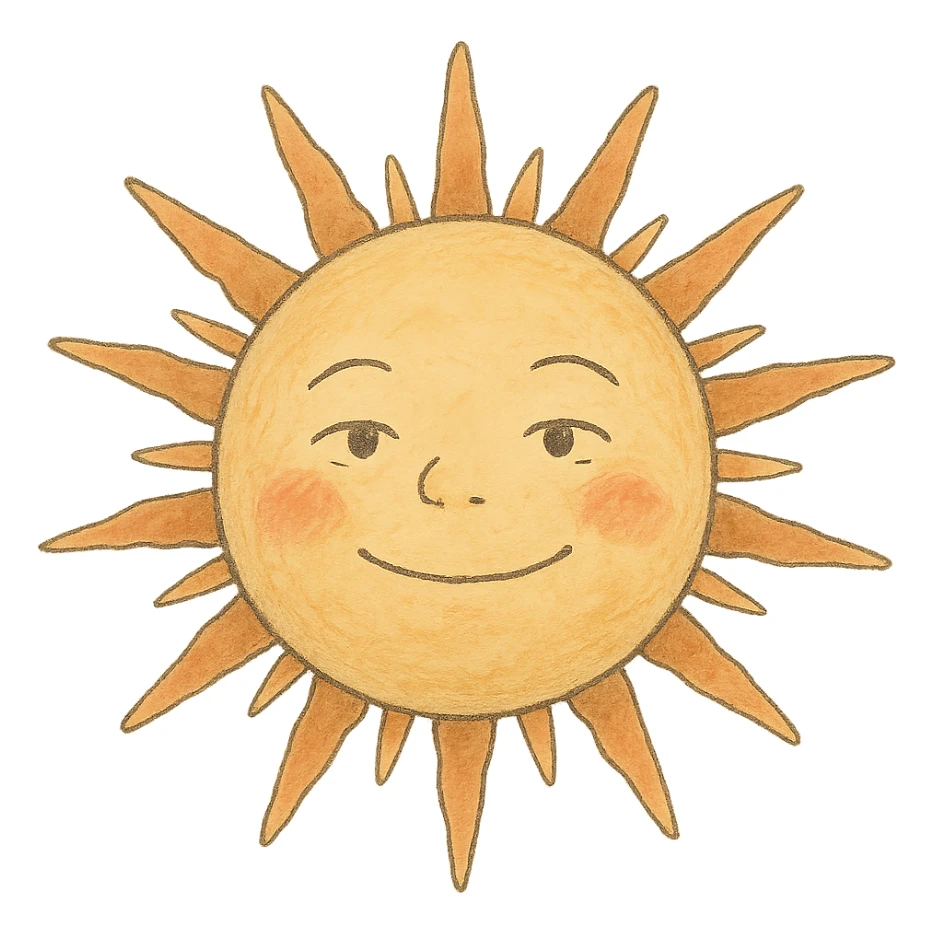 icon of a sun, soft colors, whimsical, ghibli style sticker