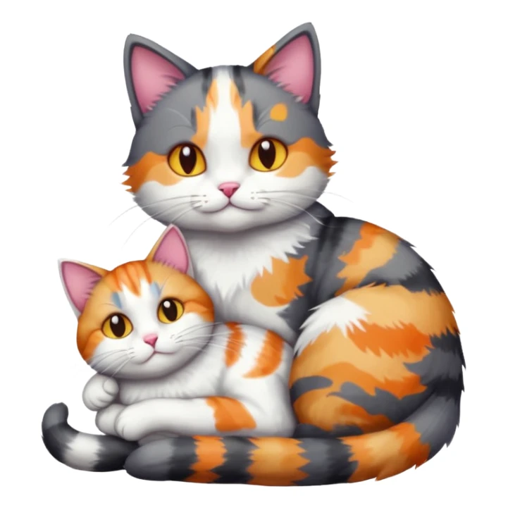 full body dark grey and white cat cuddling a colourful light patched calico + white tabby cat  sticker